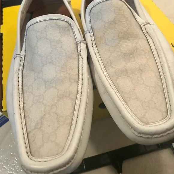 Men’s 9 1/2 white Gucci loafers Authentic Gucci Web Silver Horsebit White Leather Men Loafer  main image 2